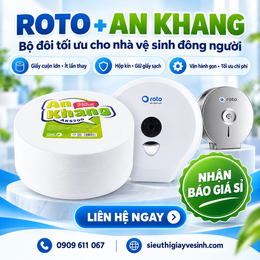Hộp giấy vệ sinh treo tường với giấy vệ sinh cuộn lớn An Khang bộ đôi tối ưu cho nhà vệ sinh đông người